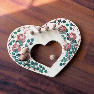 Vintage 1986 Peggy Moore Hand Painted Wooden Heart Door Harp Floral Folk Art
